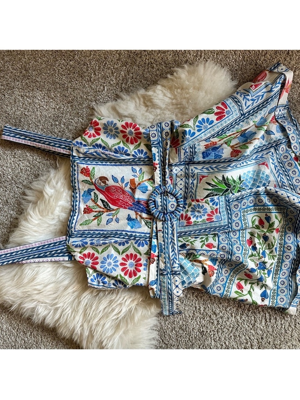 FARM Rio Cream Romper with Blue and Pink Tropical Parrot Print - Picture 3 of 5